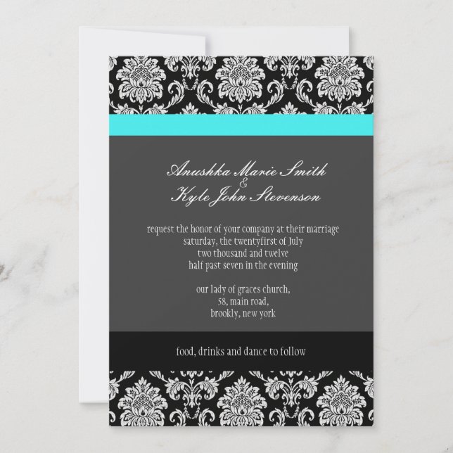 Turquoise Damask Monogram Wedding Invitation (Front)