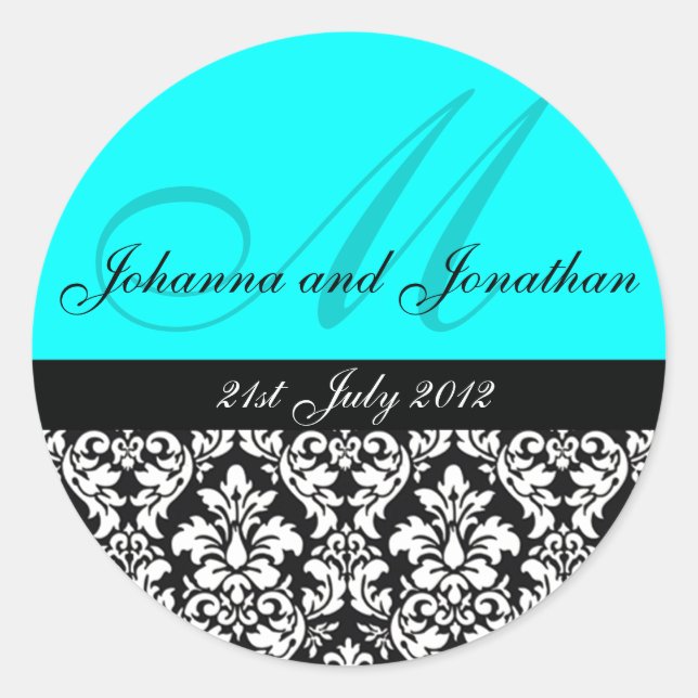 Turquoise Damask Monogram Wedding Stickers (Front)