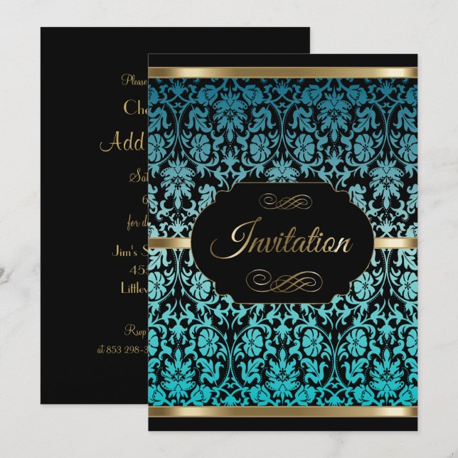 Turquoise Damask Party Celebration | DIY Text Invitation (Front/Back)