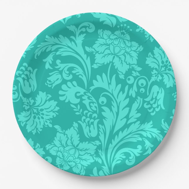 Turquoise damask print paper plate (Front)