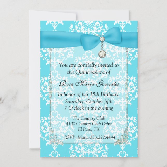 Turquoise Damask Quinceañera Invitation (Front)