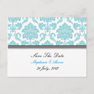 Turquoise Damask Save The Date Postcard