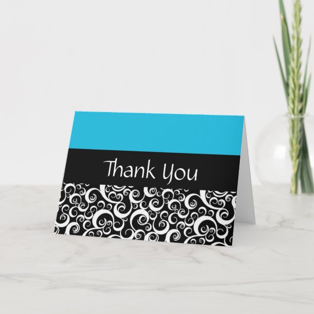 Turquoise Damask Swirls Thank You Cards (Front)