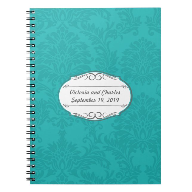 Turquoise Damask Wedding Planning Guest Book (Front)