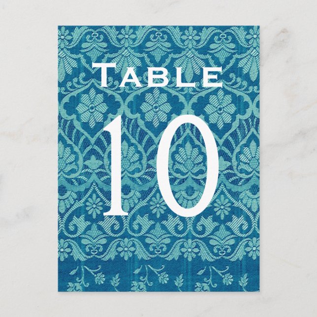 Turquoise Damask Wedding Table Number Card Recepti (Front)