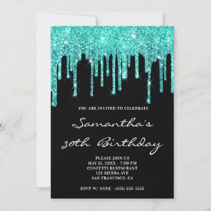 Turquoise Dark Cyan Glitter Drips Black Birthday Invitation