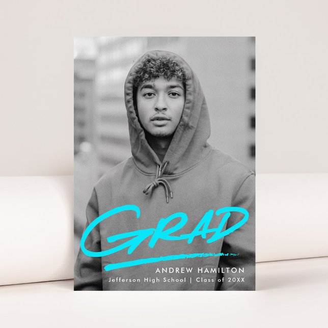 Turquoise | Dashed Modern Photo Graduation Announcement (Creator Uploaded)
