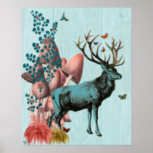 Turquoise Deer in Mushroom Forest Poster