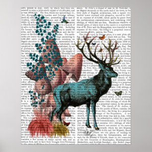 Turquoise Deer in Mushroom Forest Poster