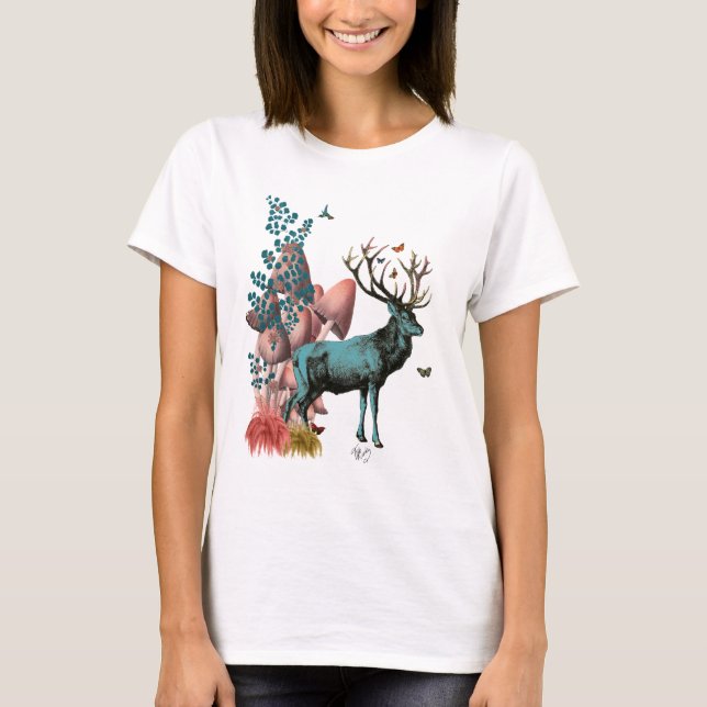 Turquoise Deer in Mushroom Forest T-Shirt (Front)