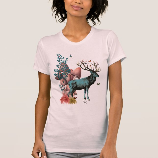 Turquoise Deer in Mushroom Forest T-Shirt (Front)