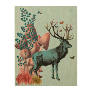 Turquoise Deer in Mushroom Forest Wood Wall Art