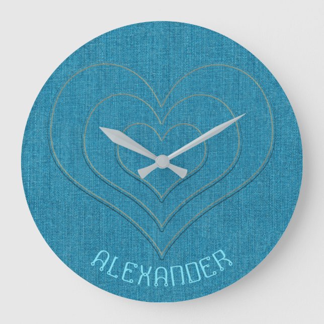 Turquoise Denim Jeans 3 Hearts, Name Personalised Large Clock (Front)