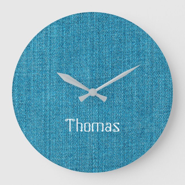 Turquoise Denim Jeans Fabric Name Personalised Large Clock (Front)