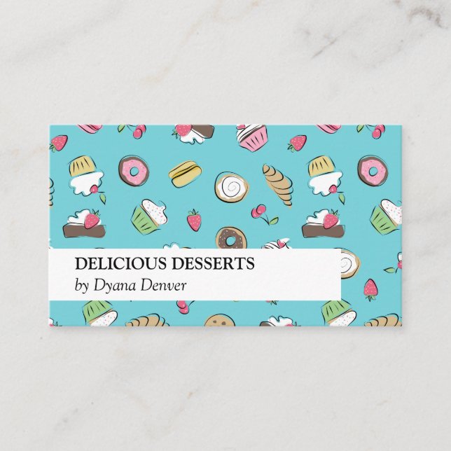 Turquoise Dessert Doodles | Bakery Business Card (Front)