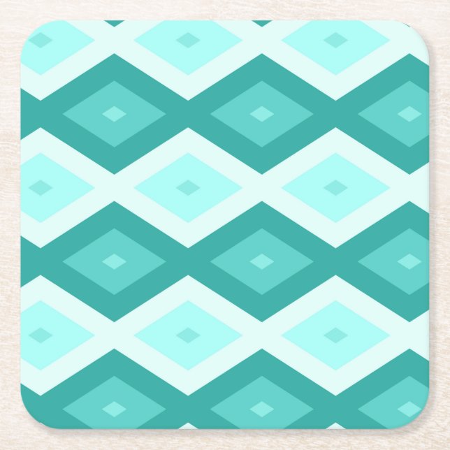 Turquoise diamond pattern square paper coaster (Front)
