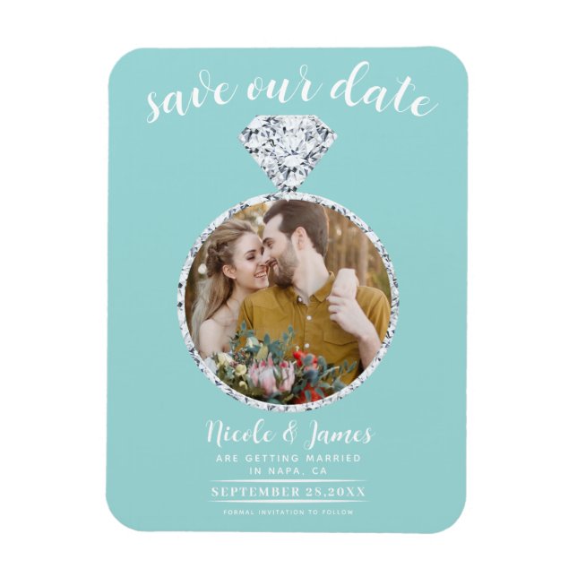 Turquoise Diamond Ring Bling Photo Save the Date Magnet (Vertical)