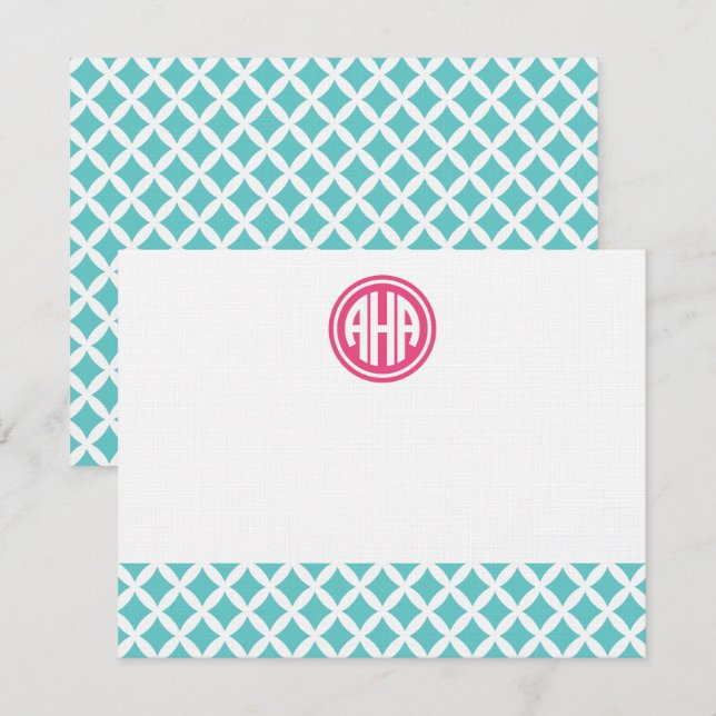 Turquoise Diamonds Circle Monogram Stationery Note Card (Front/Back)