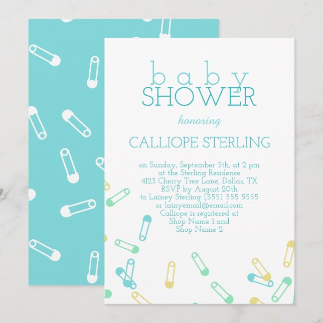 Turquoise Diaper Pins Baby Shower Invitation (Front/Back)