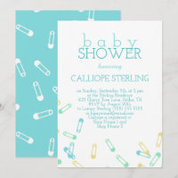 Turquoise Diaper Pins Baby Shower Invitation