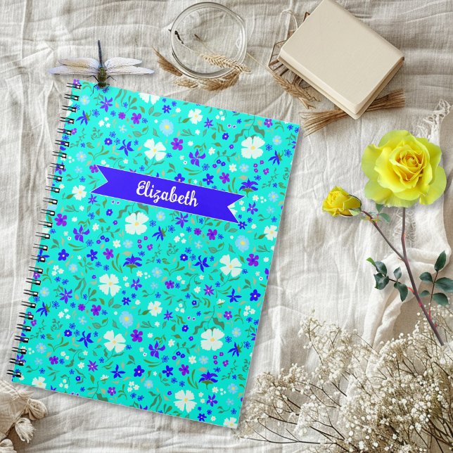Turquoise Ditsy Floral Illustrated Personalised Notebook (Creator Uploaded)
