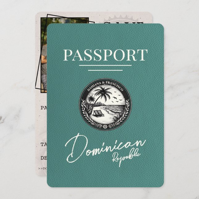 Turquoise Dominican Republic Passport Save The Date (Front/Back)