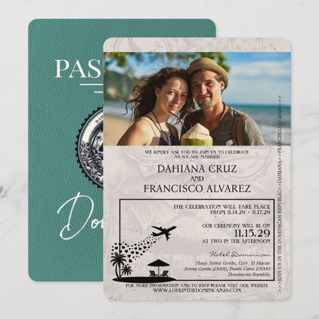 Turquoise Dominican Republic Passport Wedding Invitation (Front/Back)