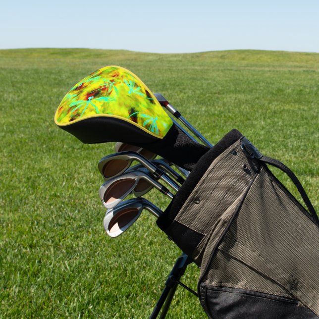 Turquoise Dragonflies on Yellow Red Splash Golf Head Cover (In Situ)