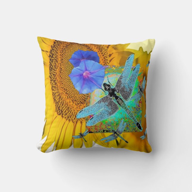 TURQUOISE DRAGONFLIES SUNFLOWER PATTERN ART CUSHION (Front)