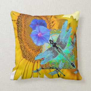 TURQUOISE DRAGONFLIES SUNFLOWER PATTERN ART CUSHION