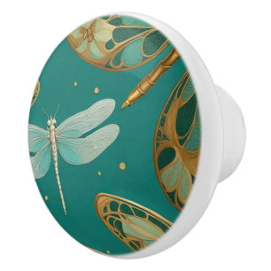 Turquoise Dragonfly Art Nouveau Art Deco Bugs Ceramic Knob