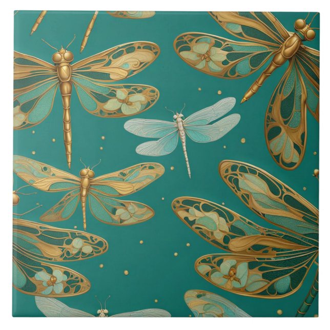 Turquoise Dragonfly Art Nouveau Art Deco Bugs Tile (Front)