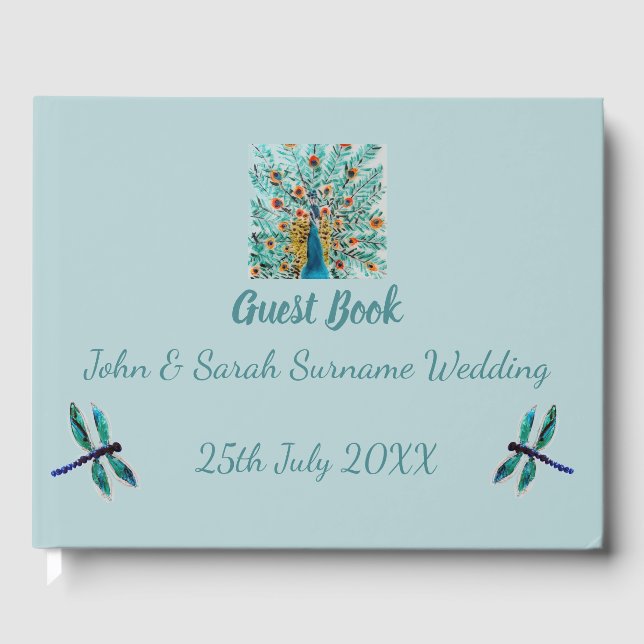 Turquoise Dragonfly Peacock Country Wedding Guest Book (Front)