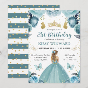 Turquoise Dress Blonde Hair Princess Birthday Invitation