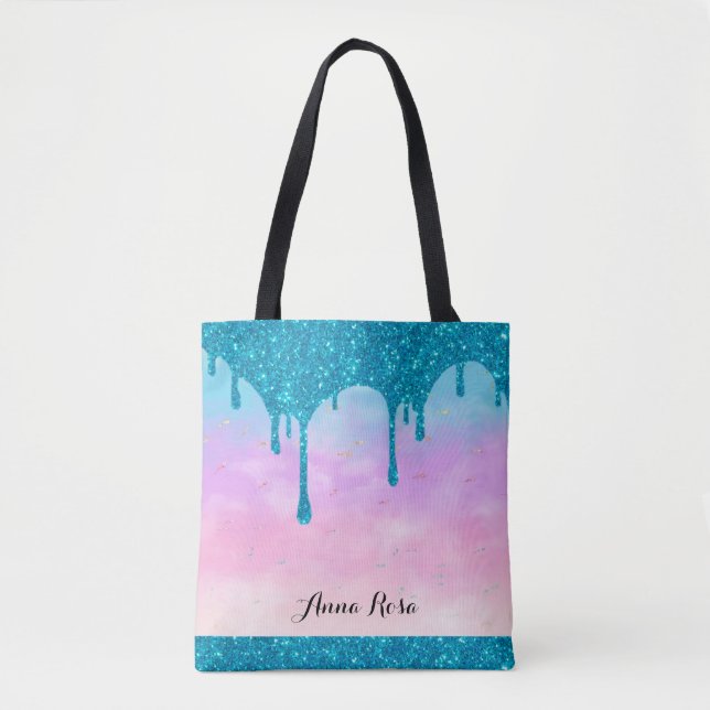 *~* Turquoise Drip Glitter Pastel Pink Ombre Sky Tote Bag (Front)