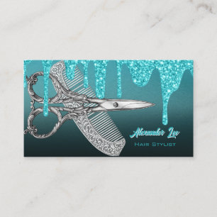 Turquoise Drips Silver Glitter Salon Business Card