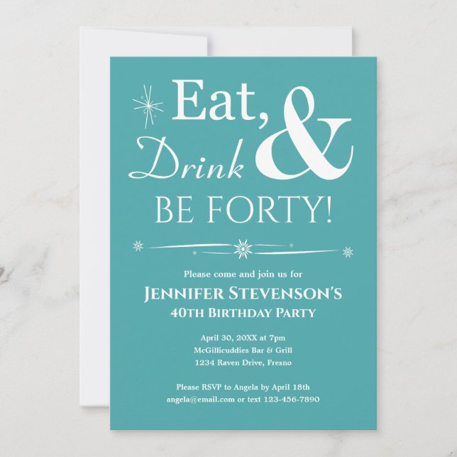 Turquoise Eat Drink Be Forty 40th Birthday Retro Invitation (Front)