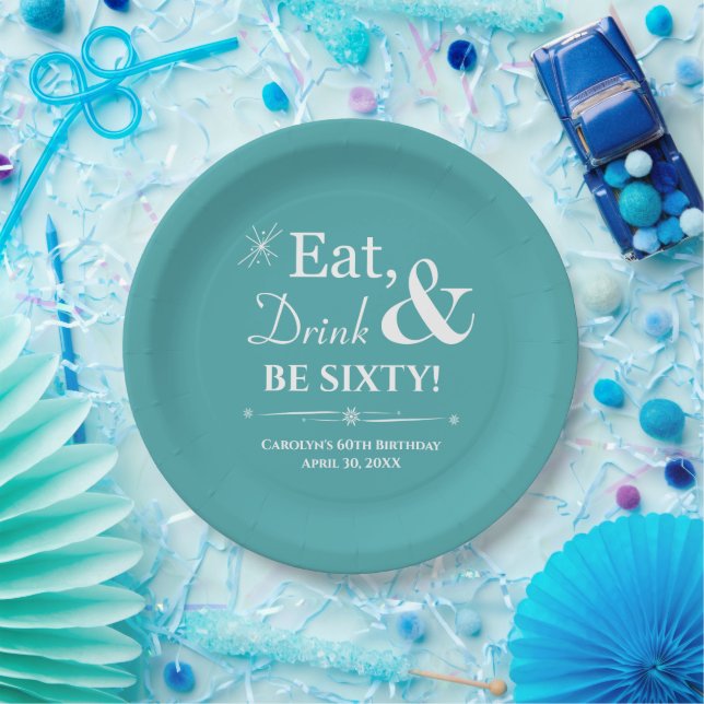 Turquoise Eat Drink & Be Sixty Retro 60th Birthday Paper Plate (Party)