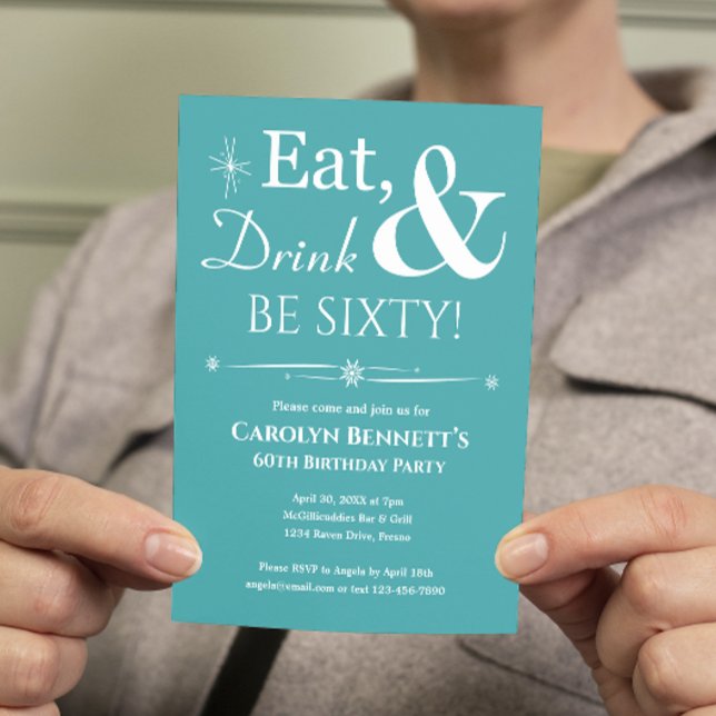 Turquoise Eat Drink Sixty 60th Birthday Midcentury Invitation (Creator Uploaded)