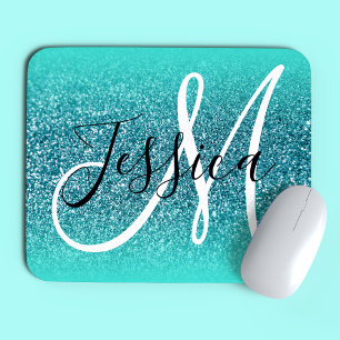 Turquoise Edge Ombre Teal Glitter Monogram Mouse Mat