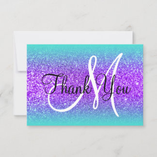 Turquoise Edge Ombre Violet Glitter Monogram Thank You Card