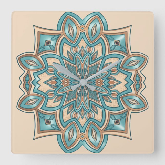 Turquoise Elegance Mandala Square Wall Clock (Front)