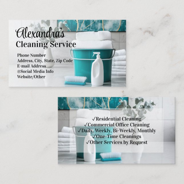 Turquoise Elegant Cleaning Service Housekeeping Business Card (Front/Back)