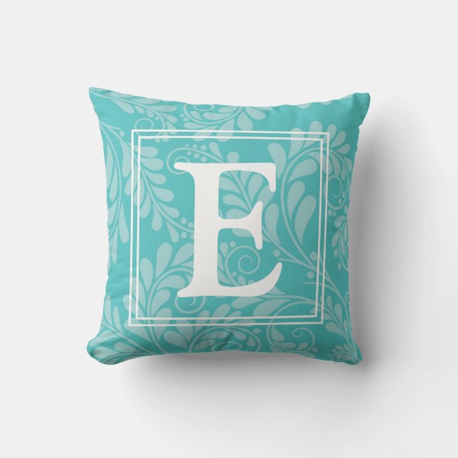 Turquoise Elegant Flourish Throw Pillow w/ Initial (Front)