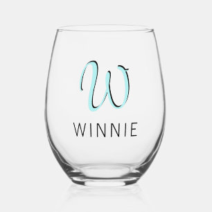 Turquoise Elegant Initial Black Name Modern Stemless Wine Glass