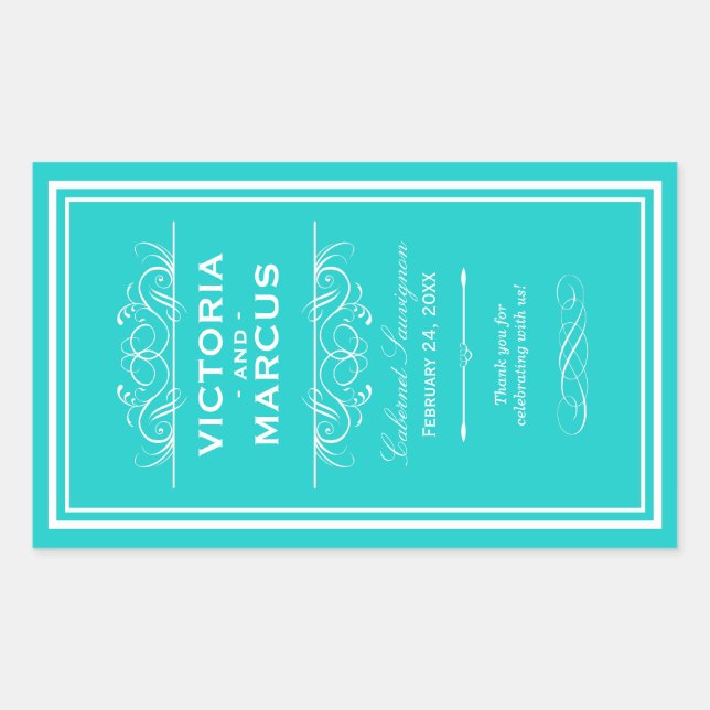Turquoise Elegant Wedding Monogram Wine Bottle Rectangular Sticker (Front)