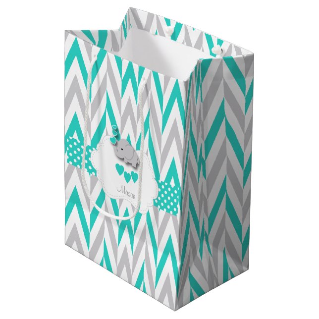 Turquoise Elephant Design - Baby Boy Shower Medium Gift Bag (Front Angled)