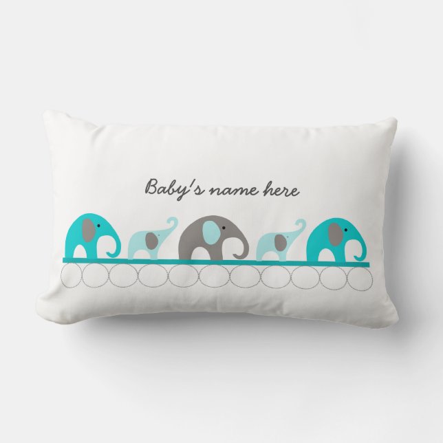 Turquoise elephants on parade + baby's name lumbar cushion (Front)