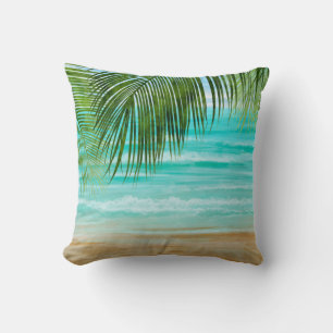 Turquoise Emerald Green Tropical Beach Palm Tree Cushion
