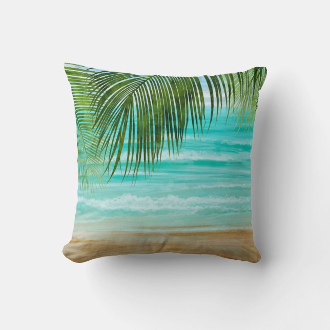 Turquoise Emerald Green Tropical Beach Palm Tree Cushion (Front)